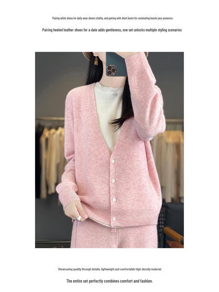 Autumn/Winter 2025 Women's Pure Wool Round Neck Two-Piece Set: Knit Top & High-Waisted Wide-Leg Pants