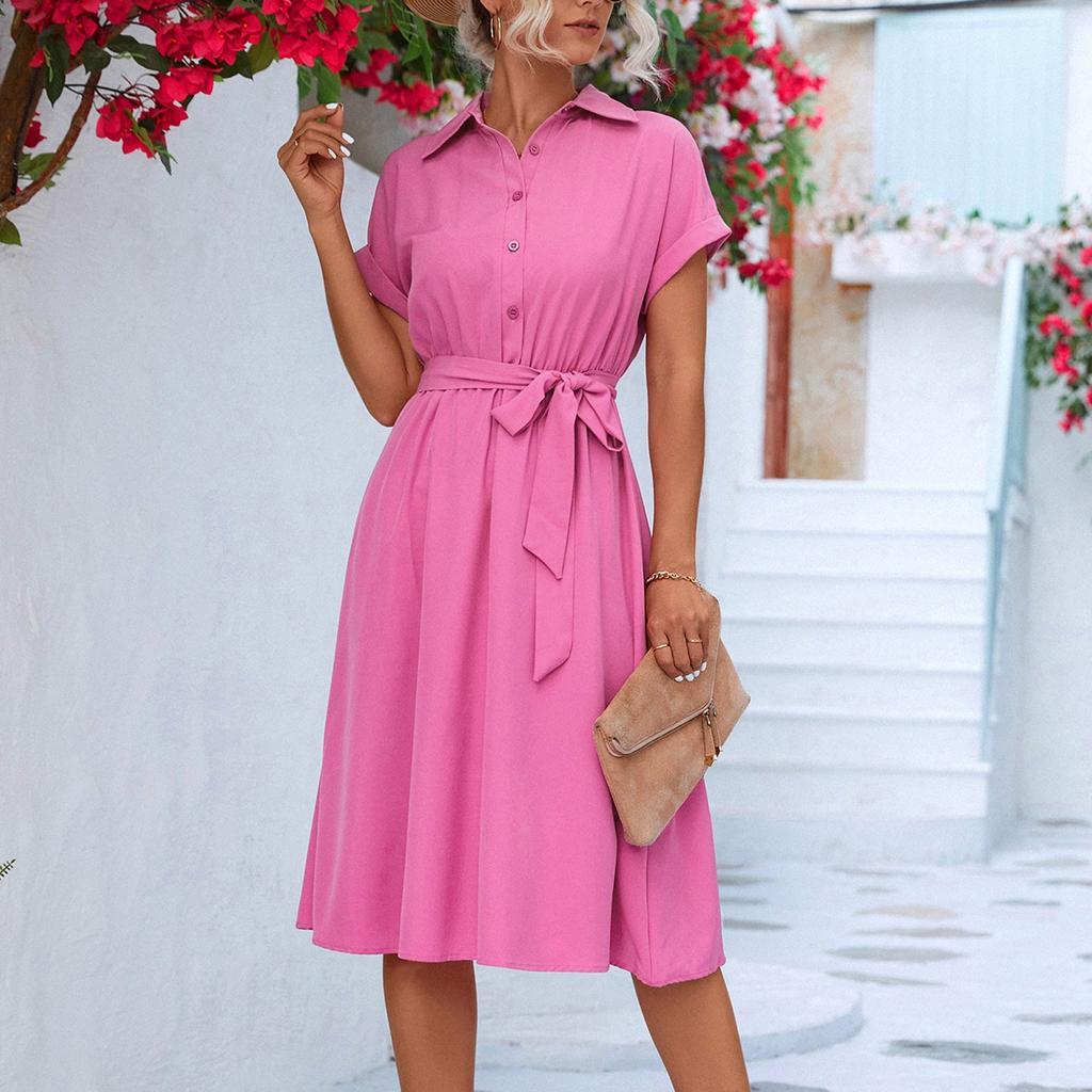 Women's Fashion Casual Color Lapel Button Shirt Tie Short Sleeve Dress