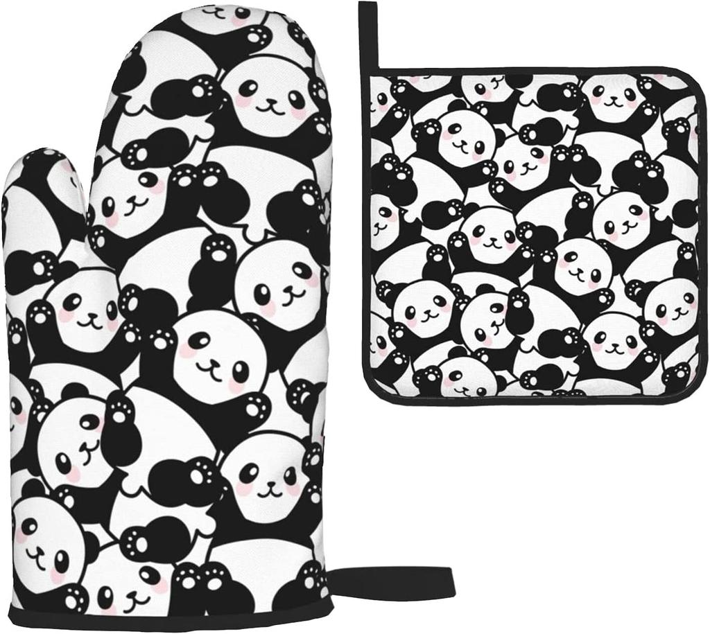 Cute Panda Oven Mitts and Pot Holders Sets,Heat Resistant Non Slip Kitchen Gloves Hot Pads with Inner Cotton Layer for Cooking