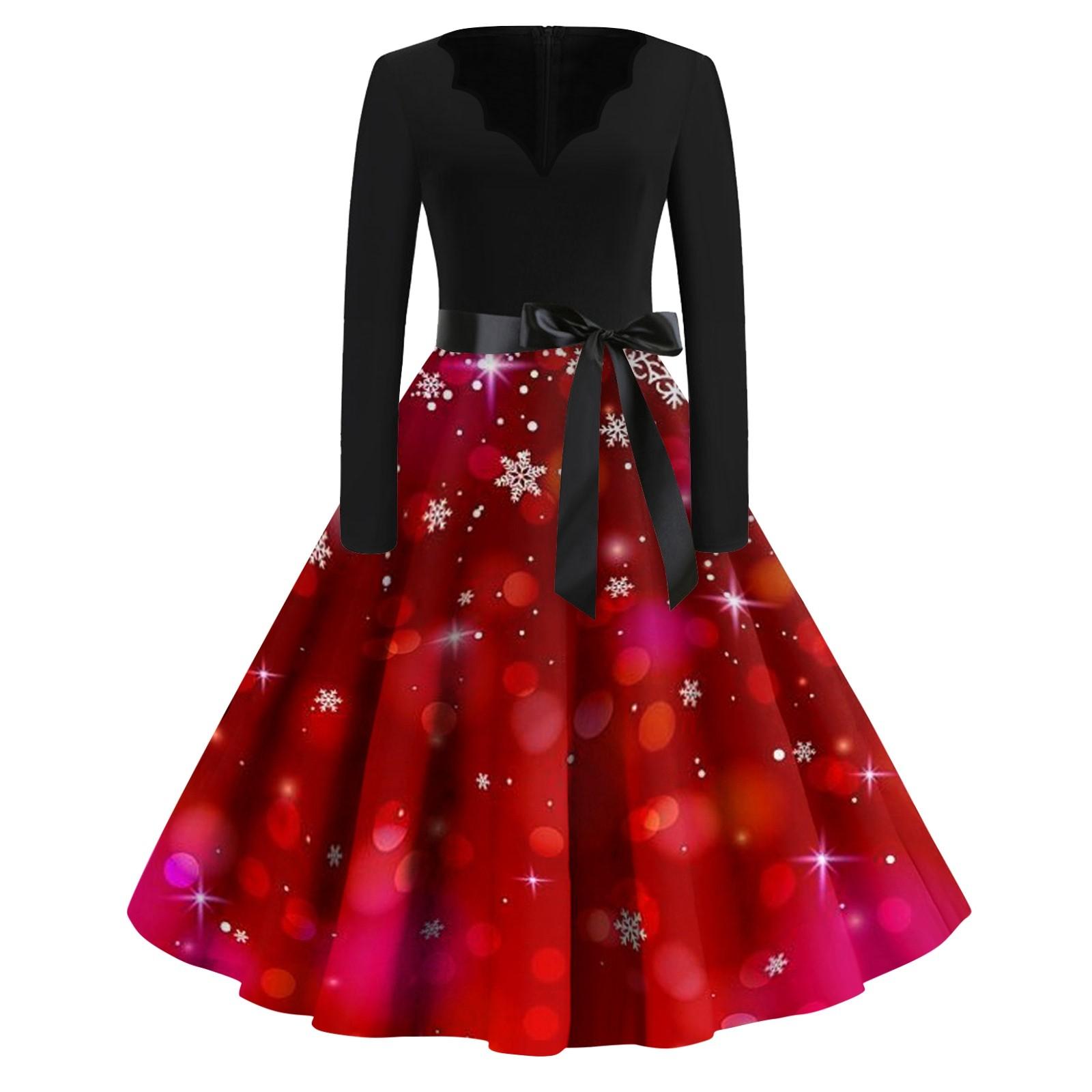 

Женские модные повседневные тонкие рождественские платья с длинным рукавом с v-образным вырезом и принтом L винный