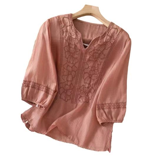 

Women Shirt V-Neck 3/4 Sleeve Embroidery Flower Pattern Pullover Tops Pure Color Breathable Soft Fabric Casual Shirt Vacation Party Wear M красный