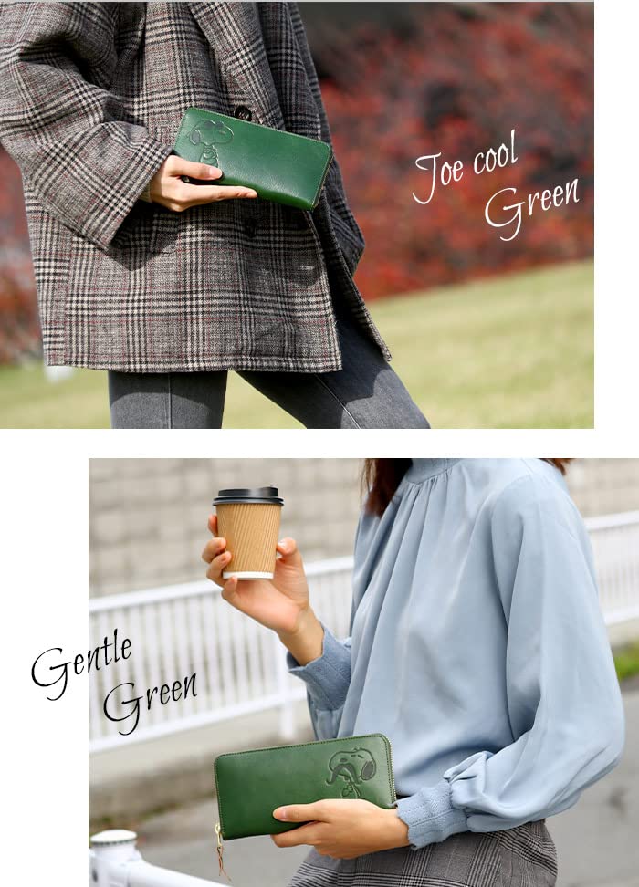 Peanuts Snoopy Genuine Leather Long Wallet with Round and 91324 Zipper, Men's Women's, (Gentle Green)