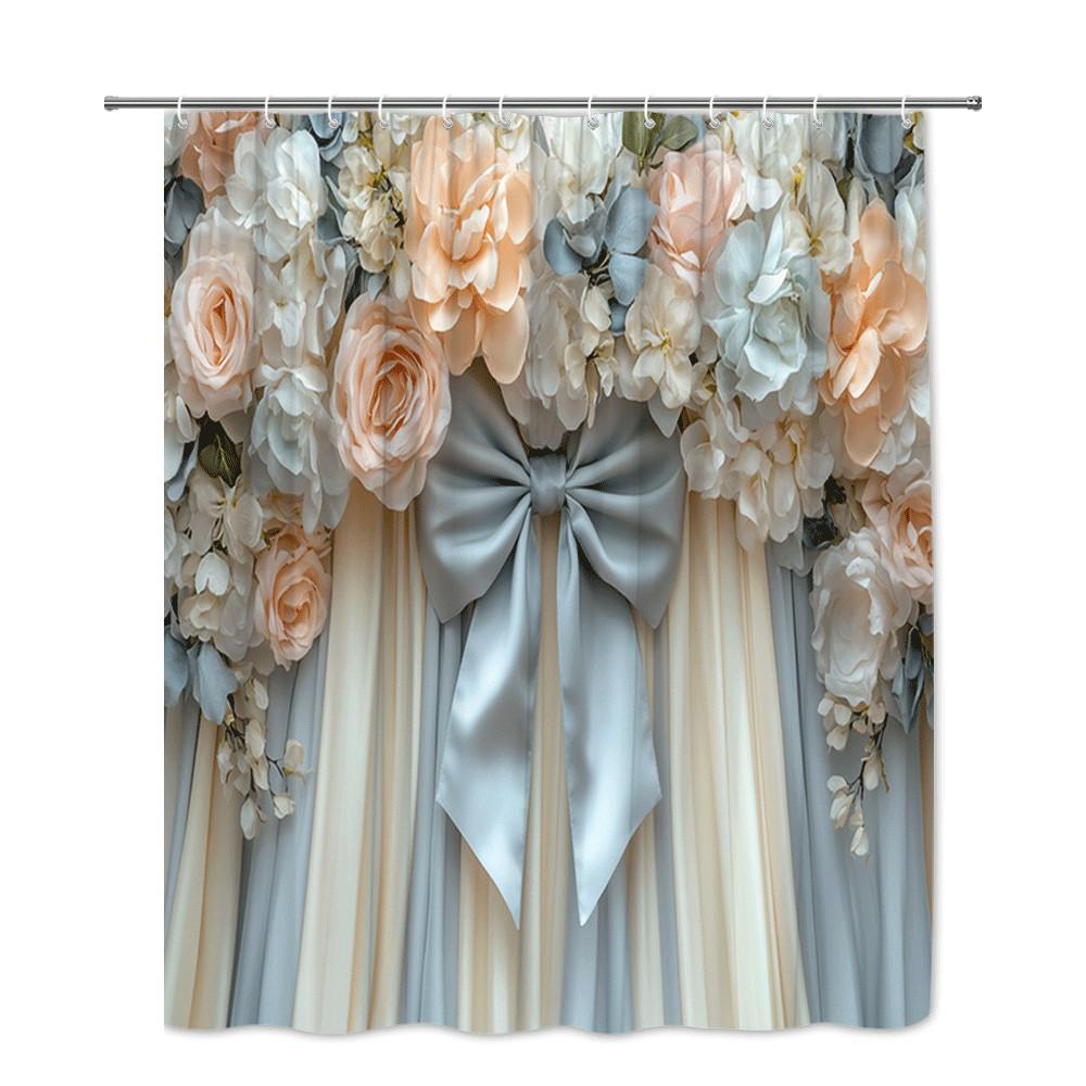 Romantic Floral Bouquet Shower Curtain Peach White Roses And Satin Bow Elegant Wedding Style Decor Waterproof Non-Toxic Material