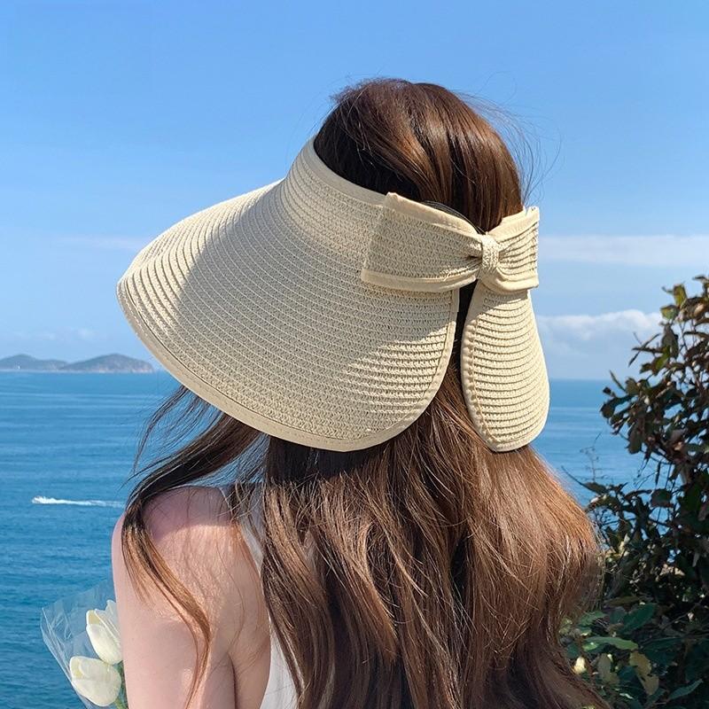 Summer Straw Visor Hat With Large Brim And Foldable Design For Beach And Outdoor Sun Protection