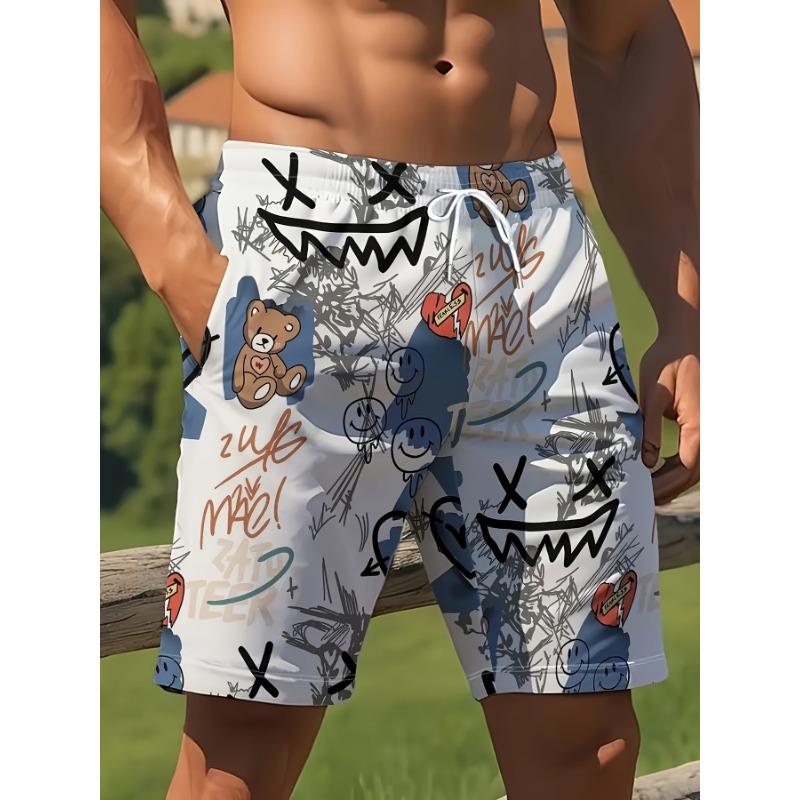 Men s lightweight casual drawstring shorts with unique 3D doodle bear and heart design perfect for surfing, swim shorts, plus size S