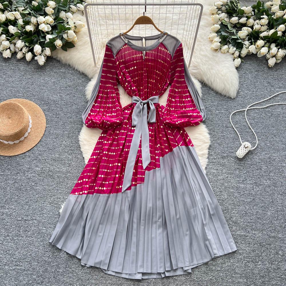 Vintage Elegant Spliced print slim Dress Korean Fashion Long dress hotsweet Women Fashion Dresses