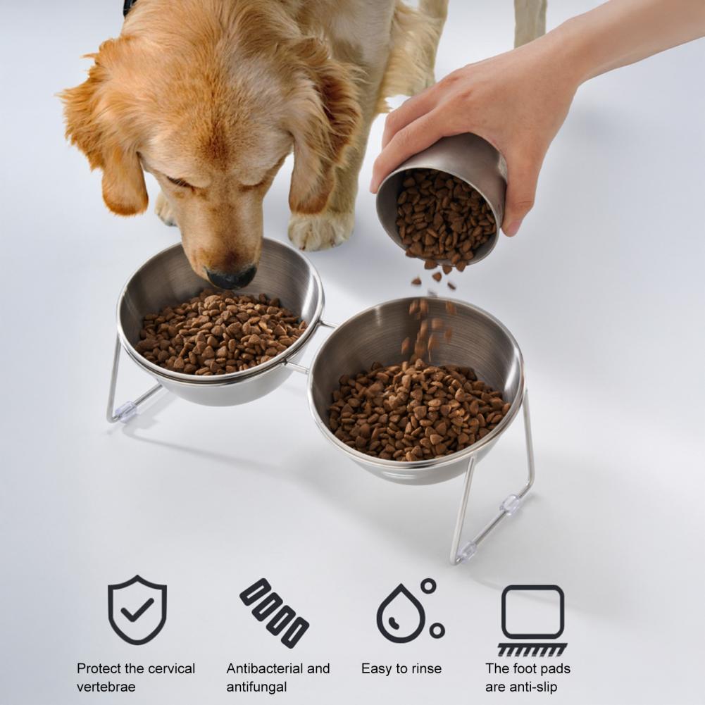 Stainless Steel Elevated Cat Bowl Tilted Raised Cat Bowl With Metal Stand Pet Feeding Dish To Prevent Fatigue For Cat And Dog
