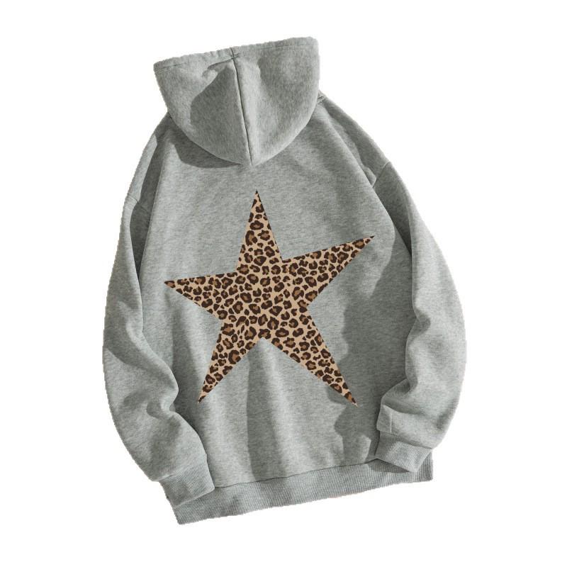 European & American Women's Fashion Leopard Star Print Hooded Sweatshirt - Loose Fit, Drop Shoulder Sleeves