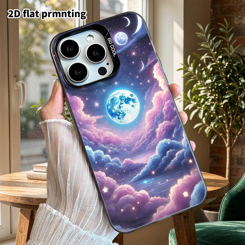 Phone Case: 2D flat design suitable for iPhone 18, 17, 16, 15, 14, 13 Pro, color silver protective case, couple style, Blue Moon Cloud Sea, Christmas 