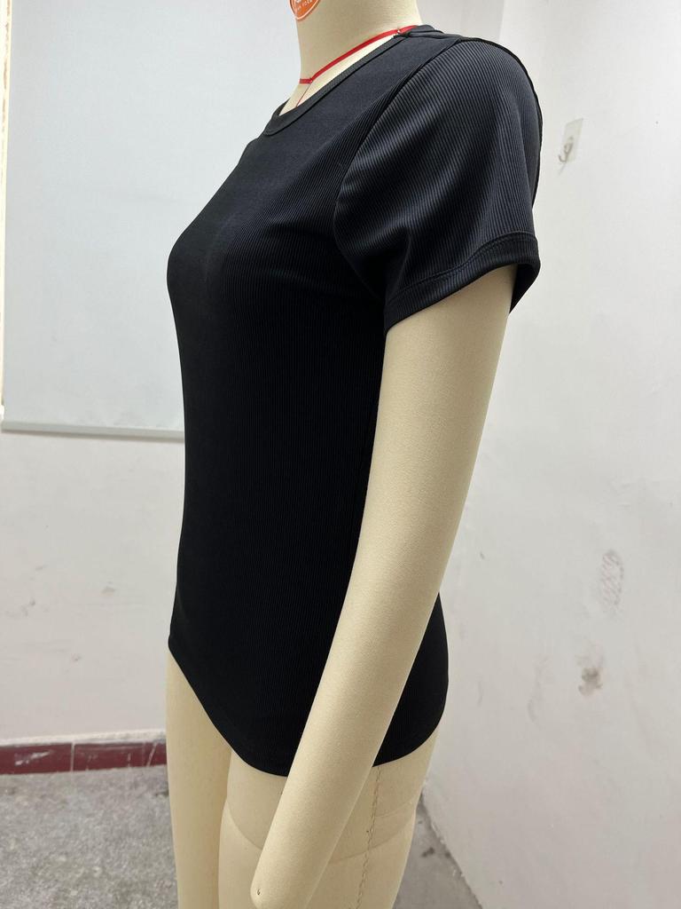 2024 Women's European American Ribbed Slim Fit Sports Top, Solid Color Short Sleeve T-shirt