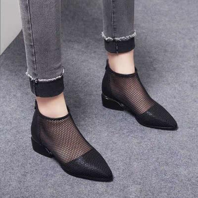 Medium Heel Thick Heel New Mesh Boots Hollowed-out Women's Shoes Mesh Breathable Comfortable Pointed Sandals Short Boots