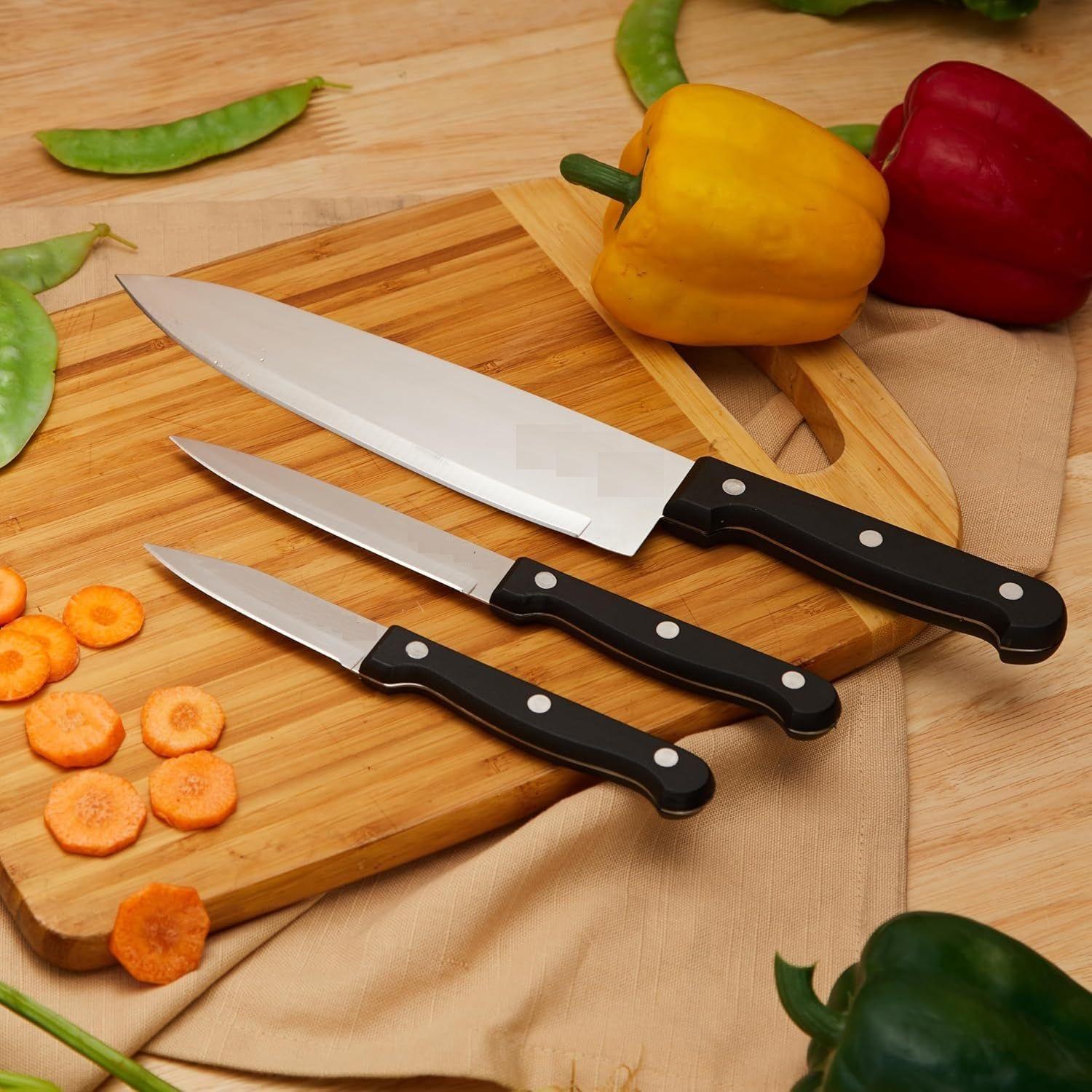 

Набор кухонных ножей из высокоуглеродистой нержавеющей стали | Ручка с тройной клепкой | Набор из 3 штук (Серебряный)