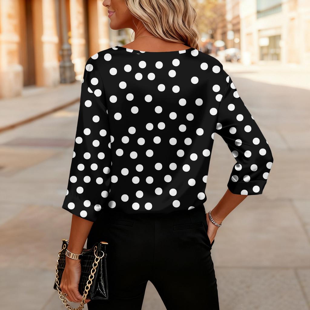 Women’s V Neck Polka Dot Print Blouse Relaxed Fit Three Quarter Sleeve Casual Top for Daily Wear Office Travel