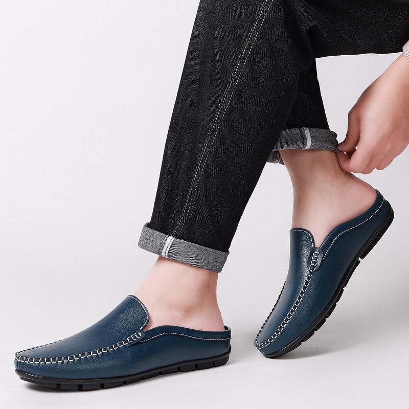 Fashion Casual Outdoor Mules Walking Shoes Lightweight Male Comfortable Loafers Men Casual Half Drag Men's Genuine Leather Slip-On Flats