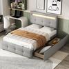 Cama Estofada 90*200cm com Luzes LED, 2 Gavetas, Estofamento de Linho Amigo da Pele Cama de Solteiro Simples Cama Infantil Cama para Jovens Cama de Hóspedes (Cinzento)