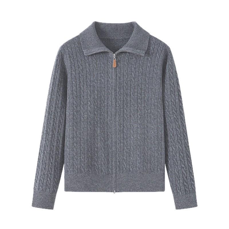 Mom's Plus Size Wool Zipper Cardigan for Fall & Winter - Versatile Lapel Sweater for Middle-aged & Elderly Women