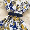 Women's Lapel Collar Vintage Midi Shirt Dress Summer Runway Pleated Short Sleeve Retro Jungle Print Belt Ladies Midi Dresses