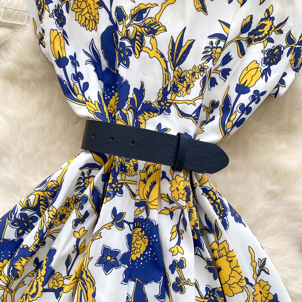 Women's Lapel Collar Vintage Midi Shirt Dress Summer Runway Pleated Short Sleeve Retro Jungle Print Belt Ladies Midi Dresses