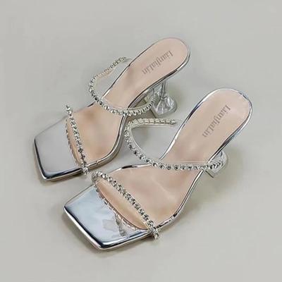 Neue Mode High Heels Damen Diamantkette Pantoletten Sonnenblume Strass Wort mit eckiger Spitze Damen Sandalen