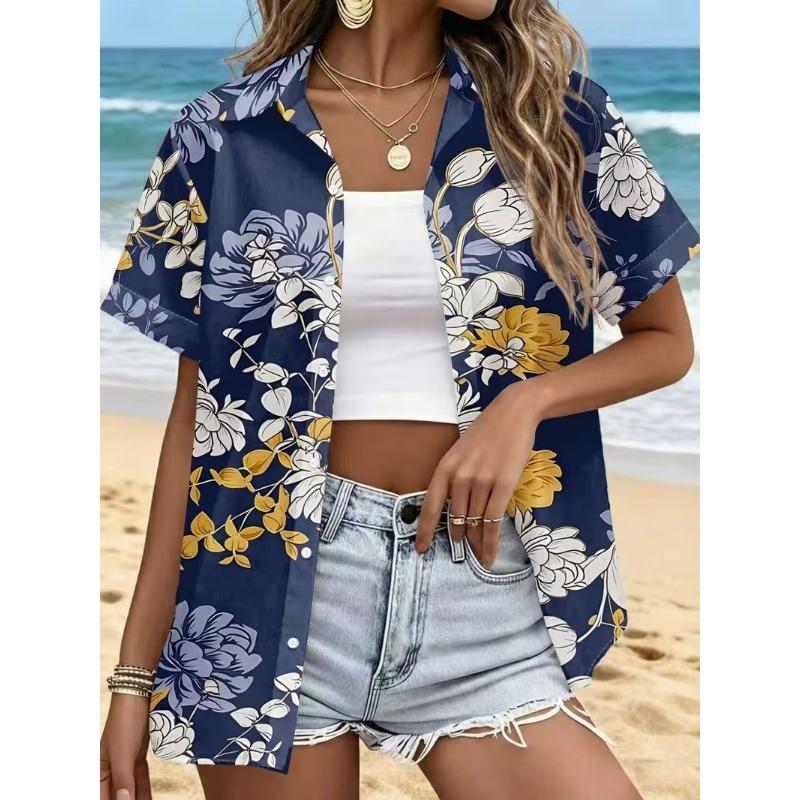 Simple and Personalized Love Print Summer Women's Plus Size Lapel Short Sleeved Shirt Fashionable Daily Versatile Casual Top