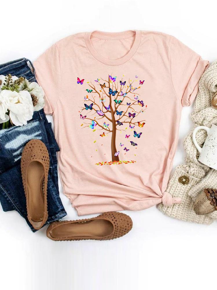 Short Sleeve Butterfly Bow Sweet Flower Fashion Summer Women Print T Shirt Female Casual Top Tshirts Cartoon Graphic Tee T-Shirt Unisex