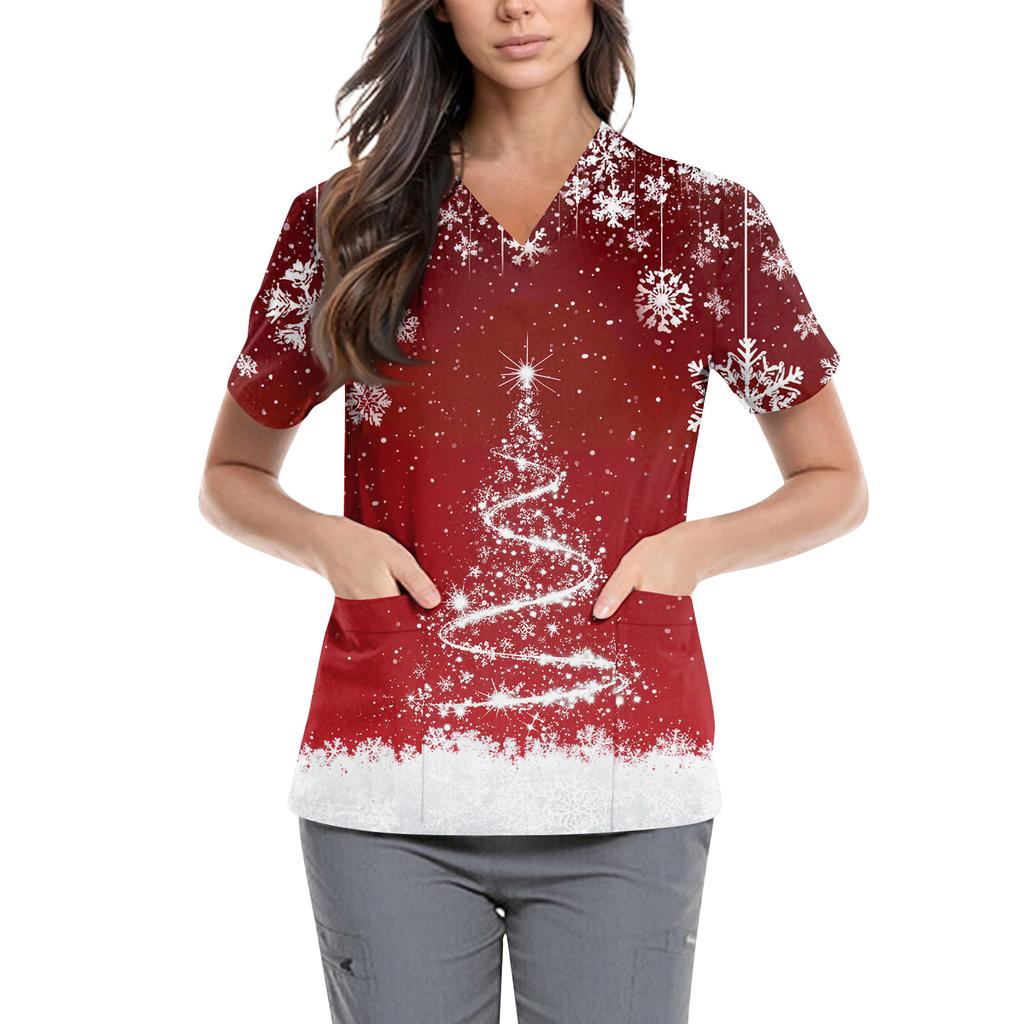 Dámské roztomilé tištěné pracovní oblečení s výstřihem do V, dvojité vrstvené kapsy Základní svetr s krátkým rukávem Valentines