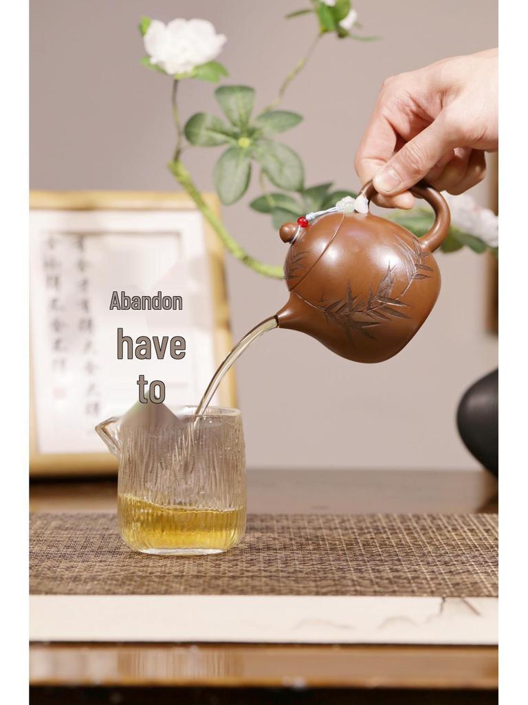 Handcrafted Yixing Zisha Purple Clay Teapot by Famous Artist - Bamboo Leaf Dragon Egg Design Tea Set