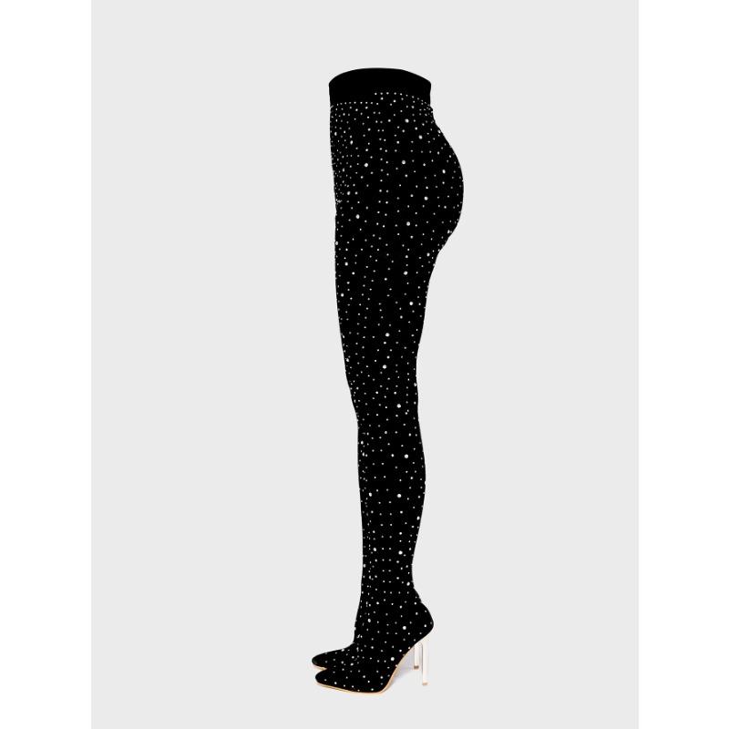 Fashion Fashion Jeans Boot Beaded High-heeled Stretch Pointed-toe Women's Long Boots Rhinestones High Heels Elasticated Pointed Toe Boot