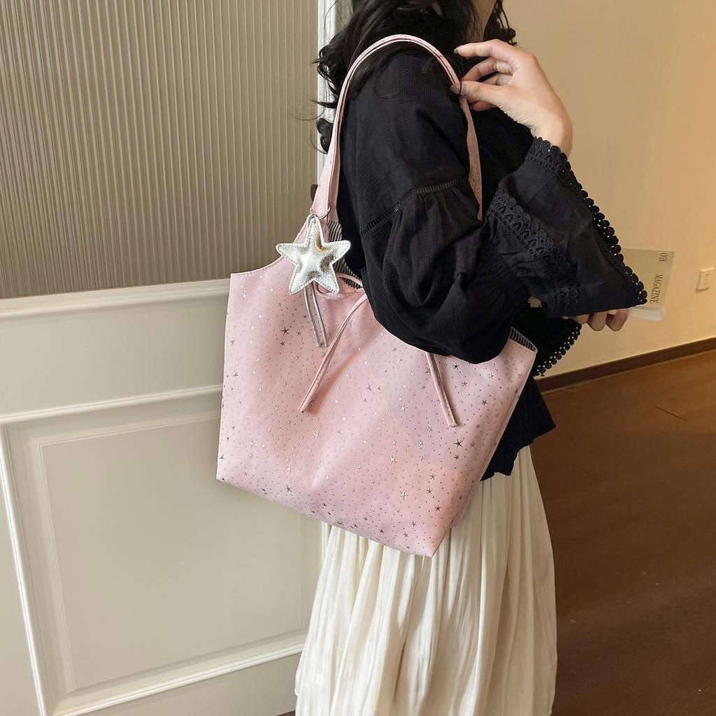 Multi Color Star Glitter Print Canvas Tote Bag For Women Sweet Style Shoulder Bag With Star Charm Bow Knot For Daily School