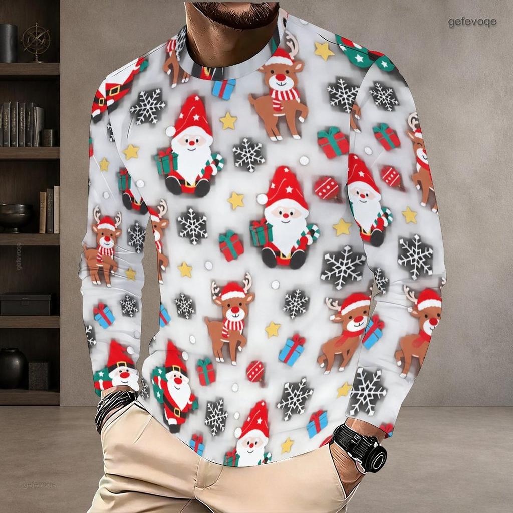 Men Plus Size Black Round Neck Long Sleeve Christmas Neon Printed Pullover T Shirt