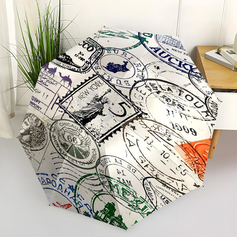 

Travel Stamps Themed Automatic Opening and Closing Umbrella, Brightly Colored 8-rib Portable Umbrella, Suitable for Men and Women, A Perfect