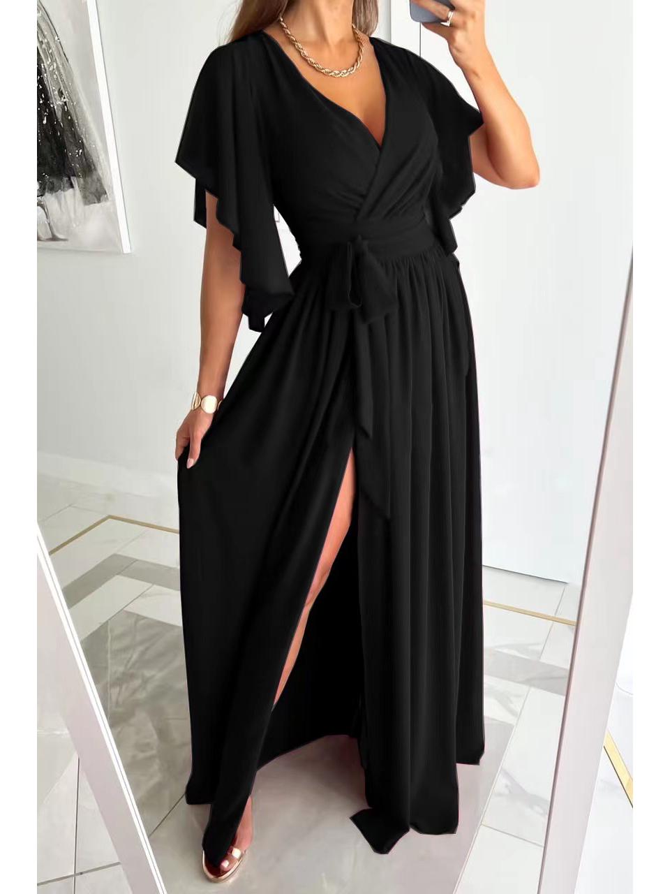 

2026 Autumn Solid Color Bell Sleeve V-Neck Floor-Length Dress for Women Extra Large чёрный