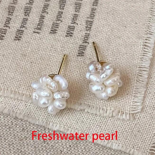 Brincos de Botão Fogos de Artifício de Pérola de Água Doce em Prata Esterlina Real com Ouro 14K para Mulheres Tendência Finos Acessórios de Flor