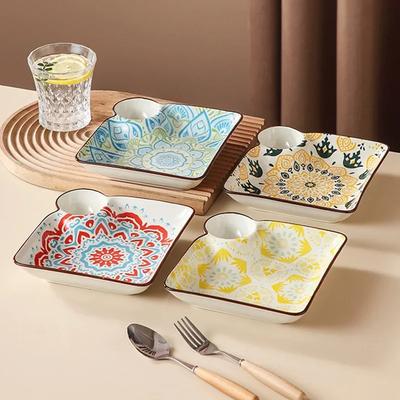 Piatto per ravioli in ceramica boema, per uso domestico, piatto per snack colorato sotto smalto con piattino, piatto per dessert di frutta, vassoio per patatine fritte