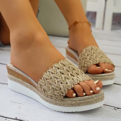 Pantofole da donna a tacco medio, fresche, taglia grande, fondo spesso, tacco a zeppa, da commercio estero europeo e americano, intrecciate in lino e paglia, transfrontaliere