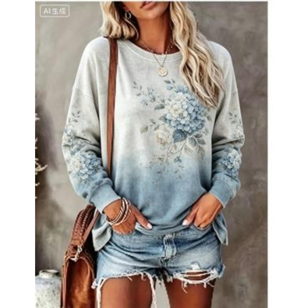 Women Long Sleeve T‑Shirt Vintage Tie‑Dye Rose Bouquet Floral Print