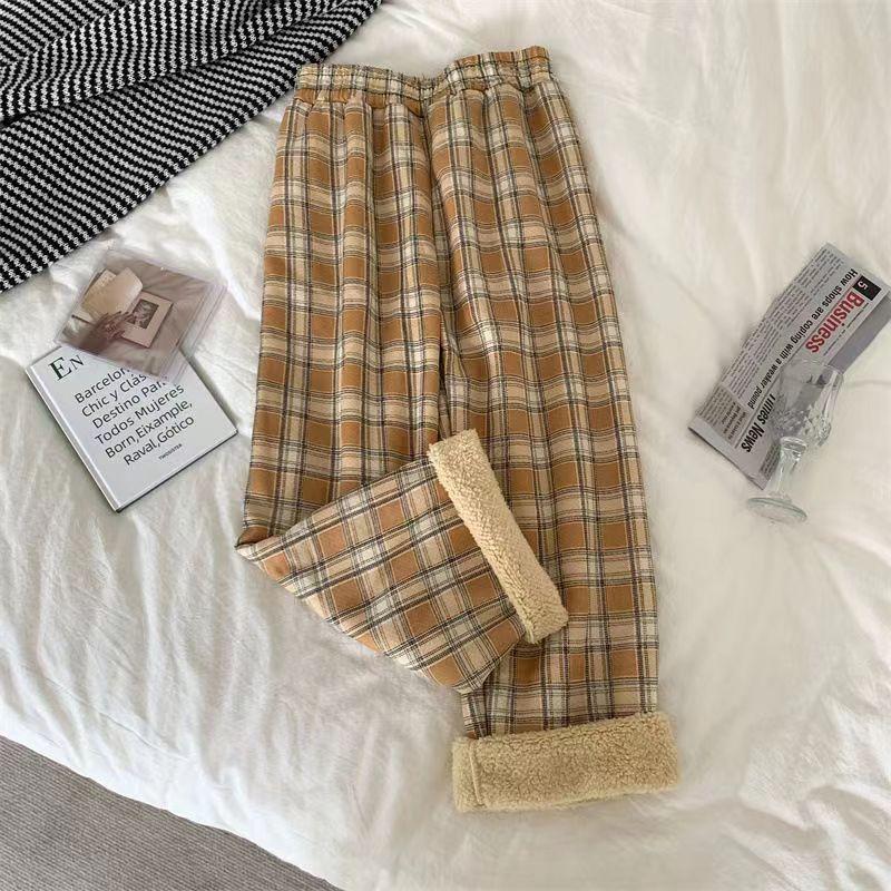 Women's High Waist Plaid Straight Pants Loose Fleece Lined Warm Casual Wide Leg Trousers For Winter Student Daily Commute Wear