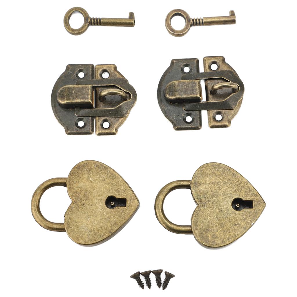 2 Sets Wooden Box Hasp Padlock Set Antique Zinc Alloy Hasp Clasp and Hrt Shaped Padlocks with Keys