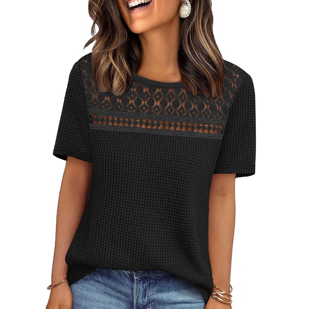 Fashionable Women's Mesh Hollow-Out Breathable Versatile Round Neck Short-Sleeve T-Shirt Top