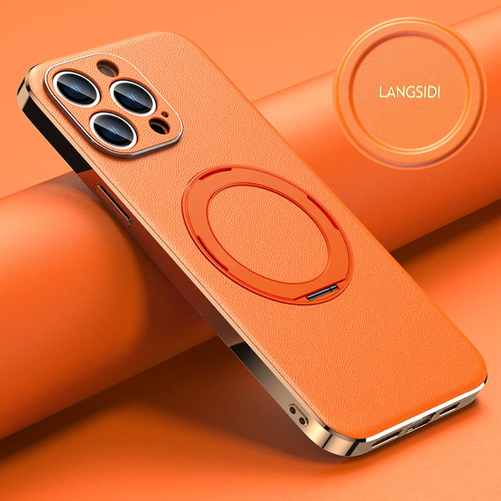 Genuine Leather for Magsafe Phone Case for iPhone 16 14 12 13 15 Pro Max 16Pro Luxury Lens Protection Magnetic Holder Back Cover