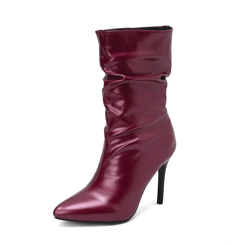 

Ботильоны большого размера с острым носком, ультравысоким тонким каблуком, плиссированные, темно-зеленые, модные, с плюшевой подкладкой, подошва из ТПР, сексуальные короткие ботинки 2025 39 вино красного