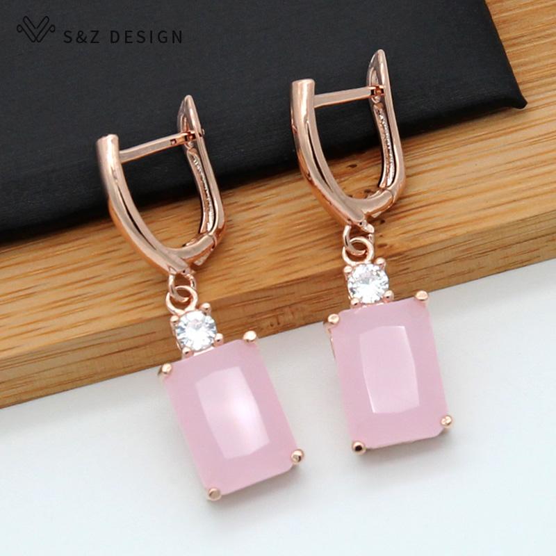 Fashion Pink Rectangle Cubic Zirconia Drop Earrings For Womenn Wedding Party Jewelry Rose Gold Color Eardrop