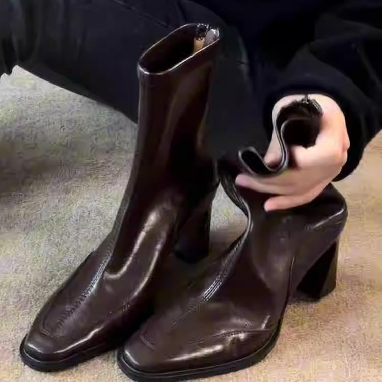 Soft leather version~ French square head temperament high heel thin boots women's British style leather retro rear zipper elastic short boots