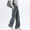 American Retro Men's and Women's Tooling Jeans Heavy Industry Washed Multi-pocket Straight Pants Design Pleated Wide-leg Pants