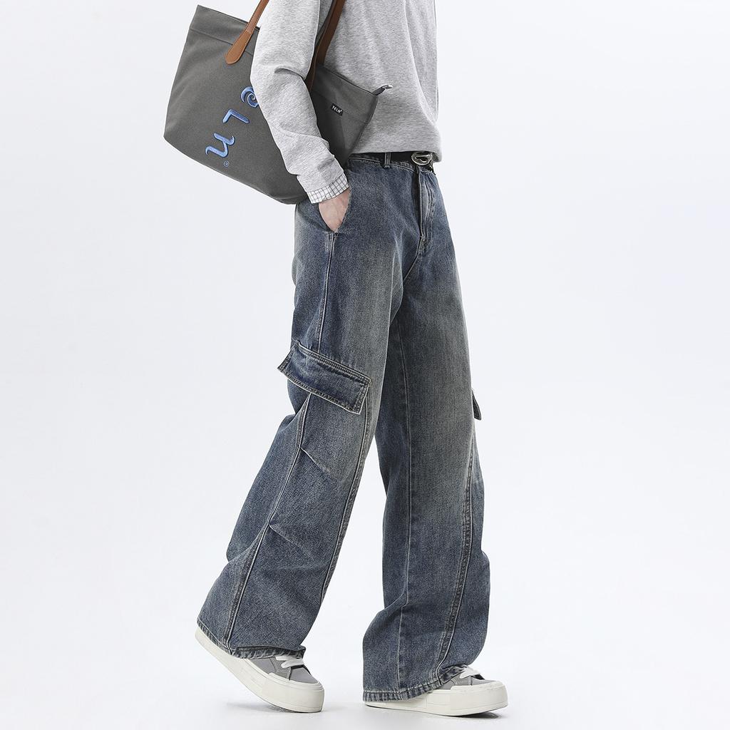 American Retro Men's and Women's Tooling Jeans Heavy Industry Washed Multi-pocket Straight Pants Design Pleated Wide-leg Pants