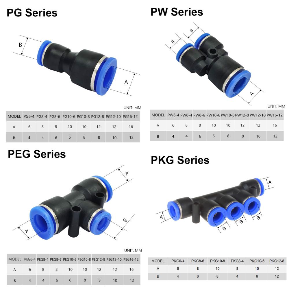 Pneumatic Fittings Pipe Connector Tube 4 5 14mm OD Hose Reducing 8 10 12mm PG PVG PEG PW PZAG Plastic Push In Air Quick Fitting