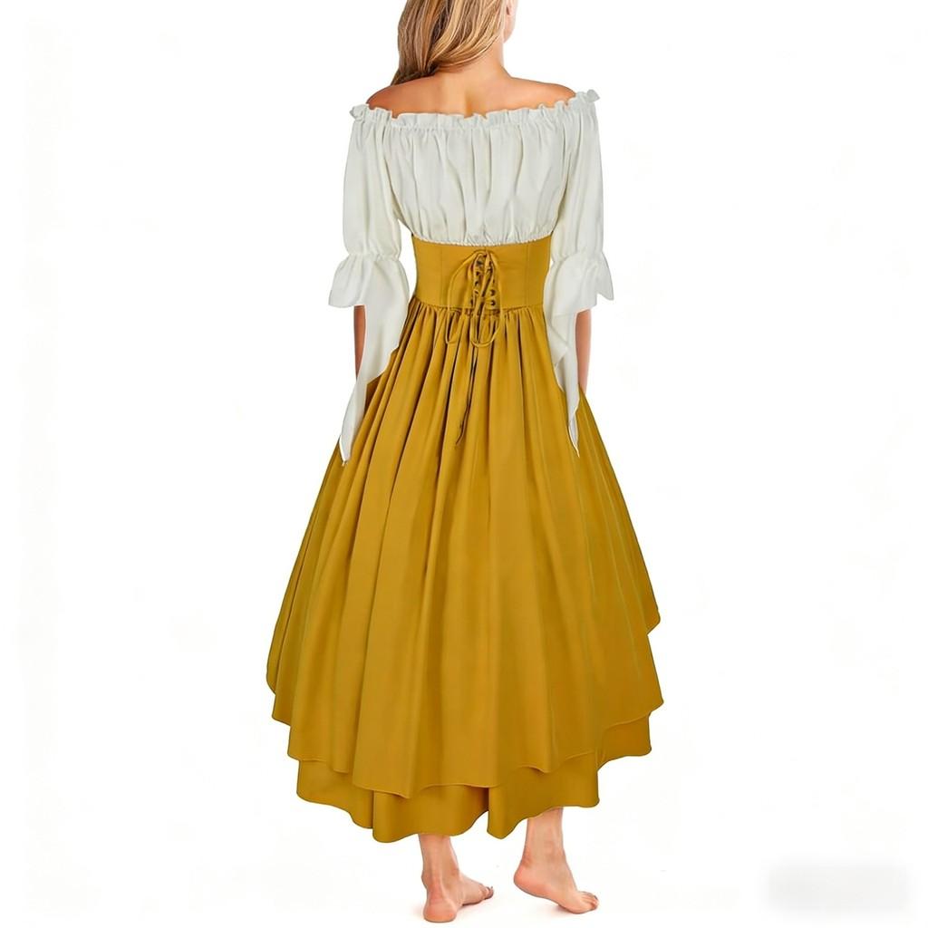 Renaissance Costume Dress With Asymmetric Hem And Puffed Sleeves For Artistic Cosplay And Vintage Events