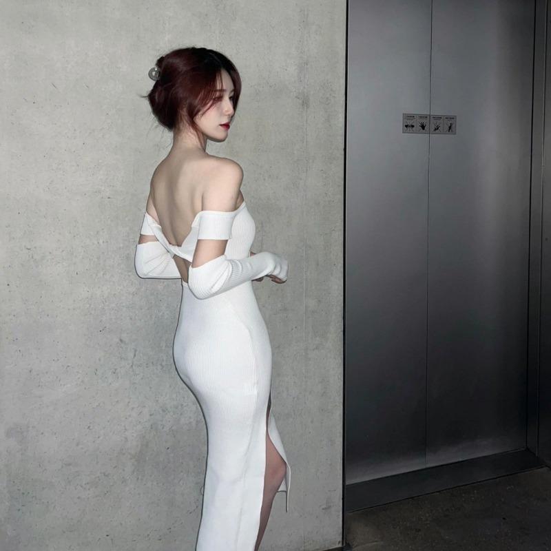 

Белое вязаное сексуальное платье с открытым плечом, женское, осеннее, в стиле королевской сестры, с чистым желанием, приталенное, с разрезом, с подкладкой в виде нижней юбки S белый