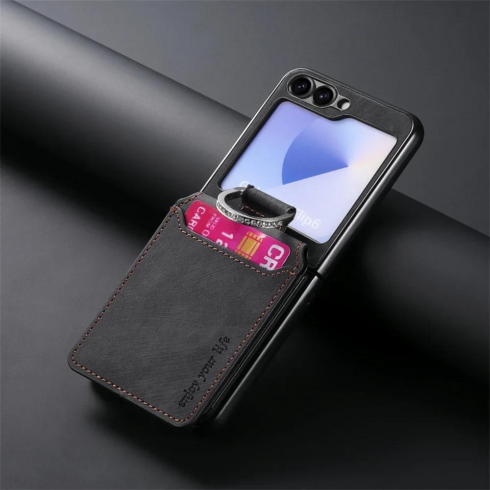 Retro Leather Wallet Phone Case with Ring Bracket for Samsung Galaxy Z Flip 7 Fe 6 5 4 3 Flip6 Flip5 Flip4 5G Cover Card Holder