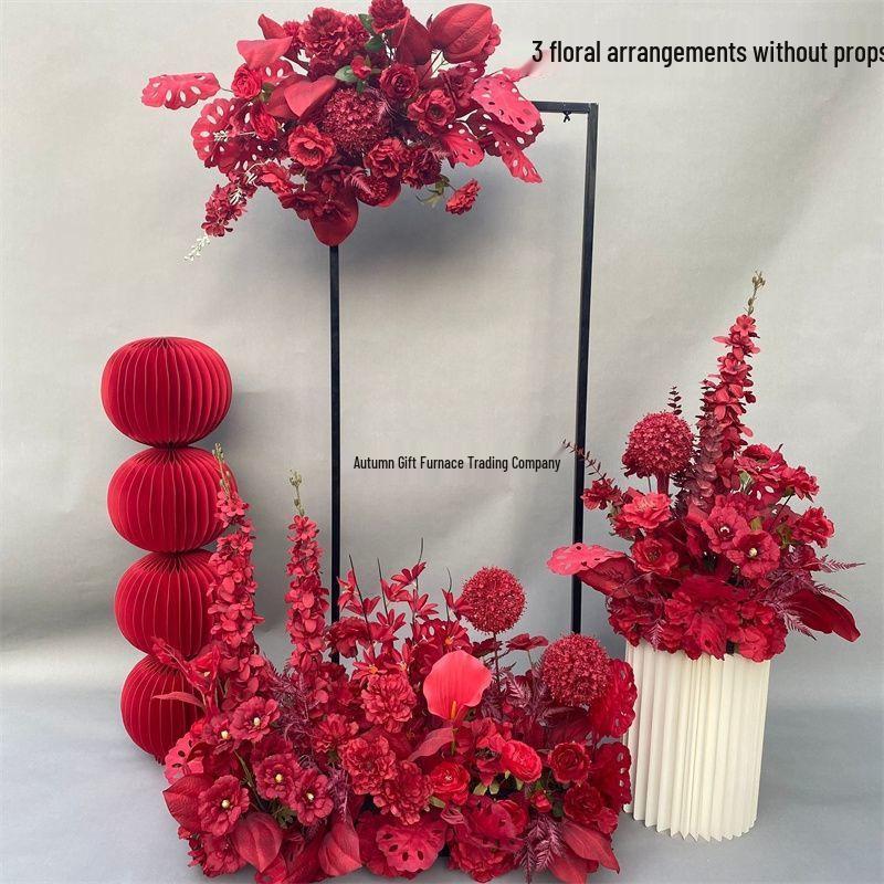 Red Chinese Engagement Wedding Floor Arrangement - Aisle and Stage Silk Flower Decoration